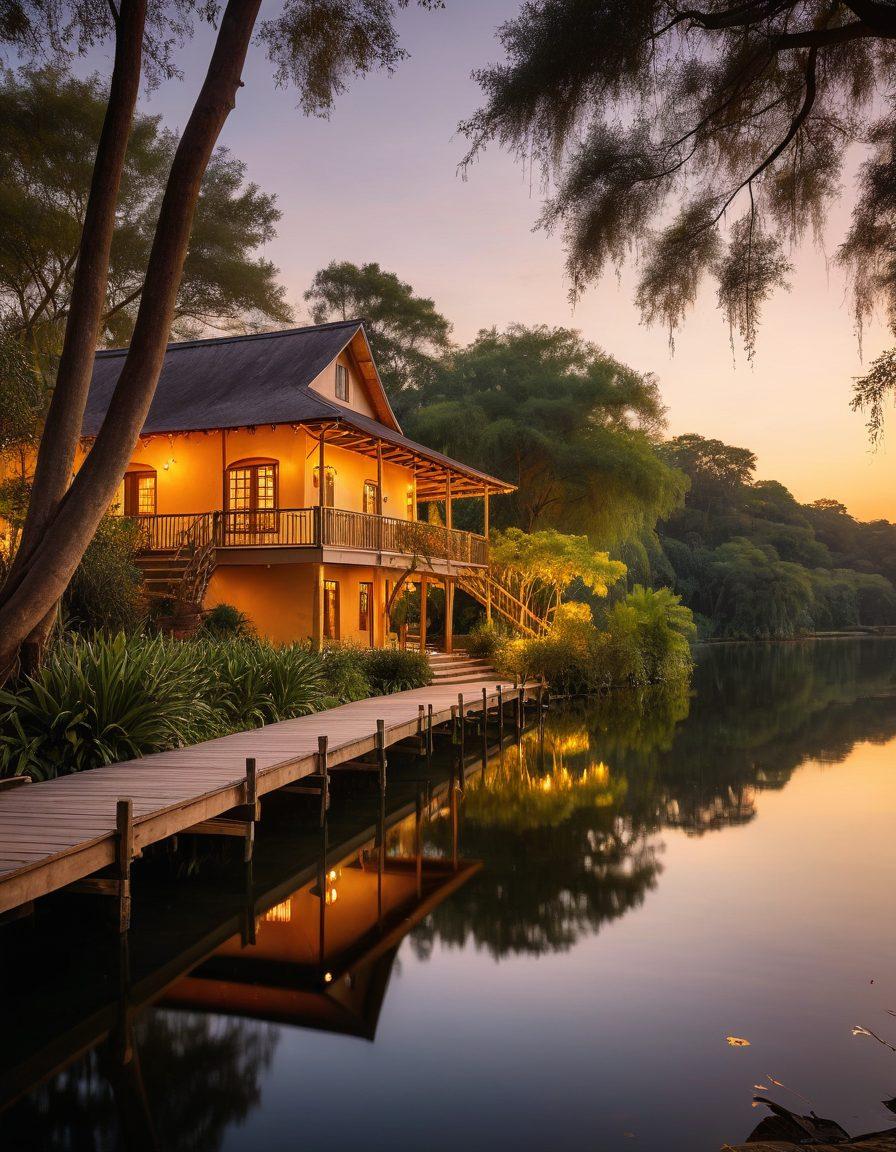 A romantic sunset over the serene lakes of Cajala, where couples are seen sharing intimate moments on a picturesque wooden dock. Enhance the scene with lush greenery around, twinkling fairy lights hanging from nearby trees, and soft ripples in the water reflecting the golden hues of the sky. Include subtle hints of Cajalan architecture in the background. painterly style, warm colors, dreamy ambiance.