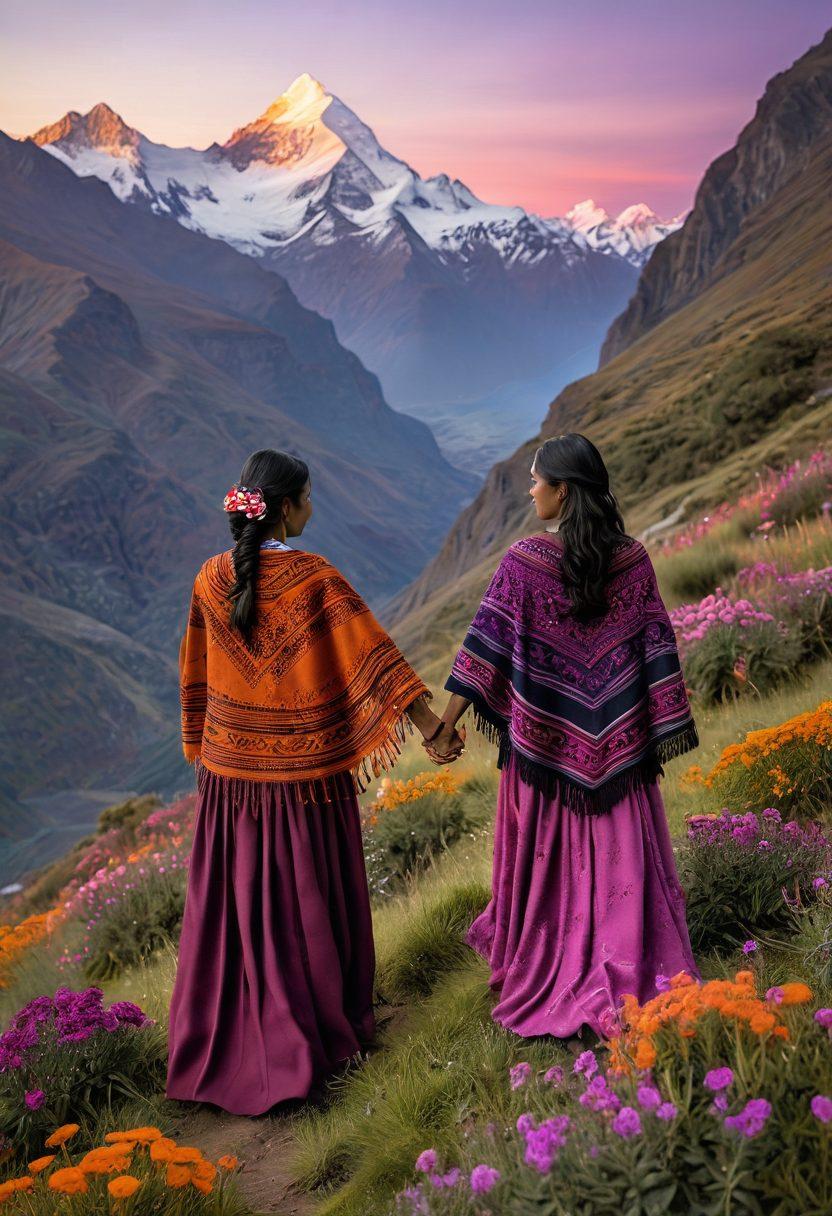 A panoramic view of the Andes mountains at sunset, with a couple holding hands in the foreground, symbolizing love and connection. Lush greenery and vibrant flowers surround them, representing growth in relationships. Soft, warm hues in the sky evoke a sense of affection and intimacy. Include traditional Andean textiles draped around them to reflect cultural heritage. super-realistic. vibrant colors. warm tones.